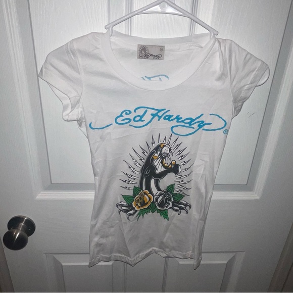 Ed Hardy Tops - Ed Hardy White Tee with Blue Logo and Graphic